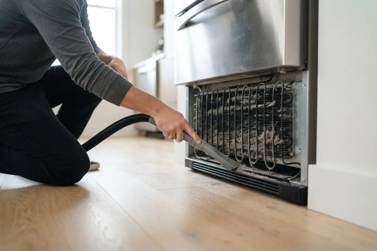Homeowner vacuuming dust from refrigerator condenser coils during routine home appliance care.