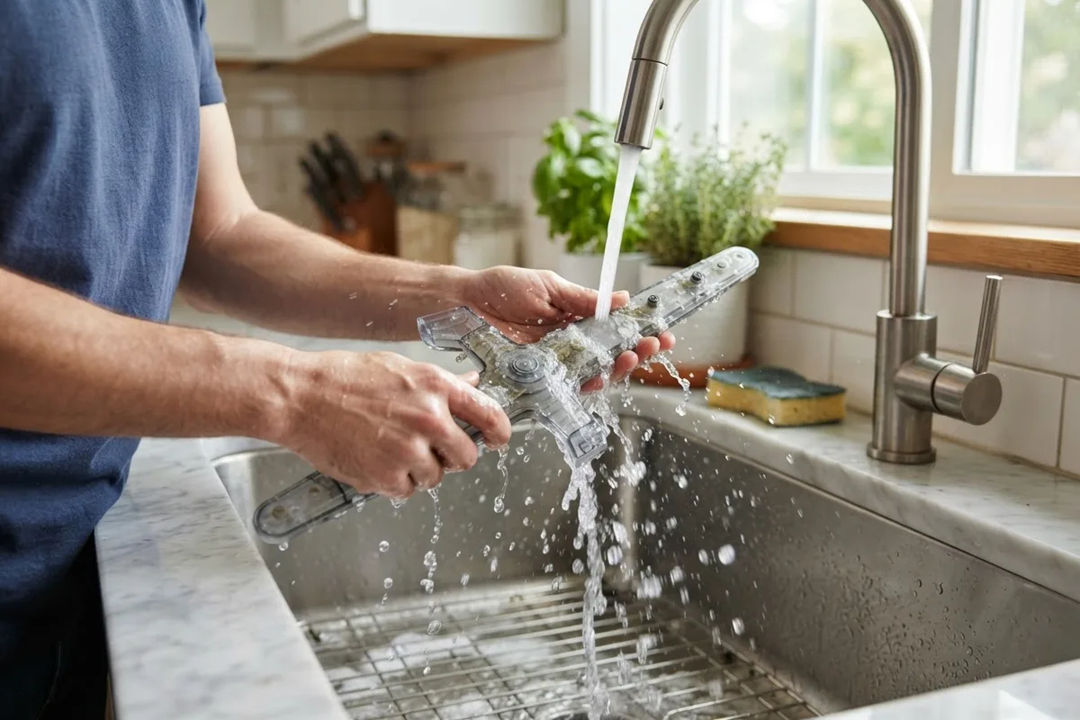 Hands cleaning dishwasher spray nozzles as part of routine home appliance maintenance.