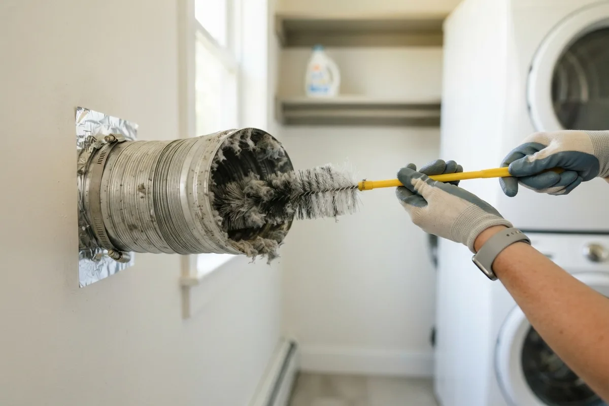 Cleaning lint buildup from exhaust vent pipe to prevent warning signs your dryer is dying.
