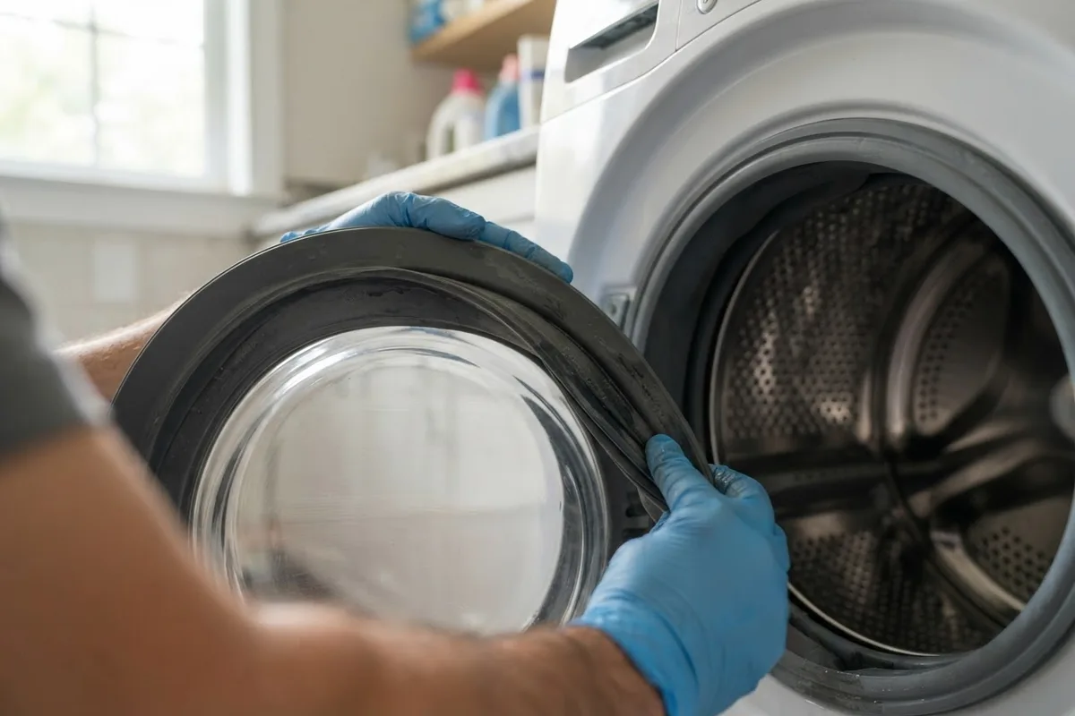 A close-up view inspecting the rubber door gasket of a front-load washing machine for signs of wear and tears.