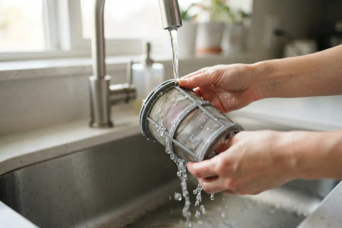 Hands rinsing a dishwasher filter under water as part of routine appliance maintenance tasks.