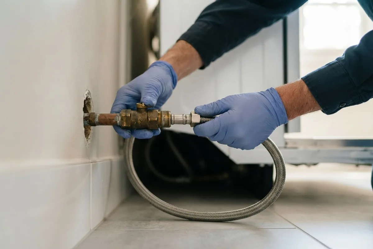 Close-up inspection of braided water supply hoses during an annual appliance maintenance check.