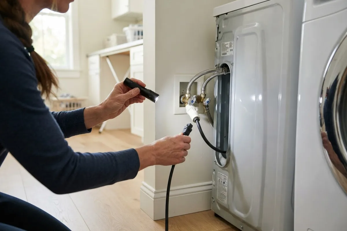 Homeowner inspecting washer hookups using an appliance lifespan guide to decide on repair or replacement