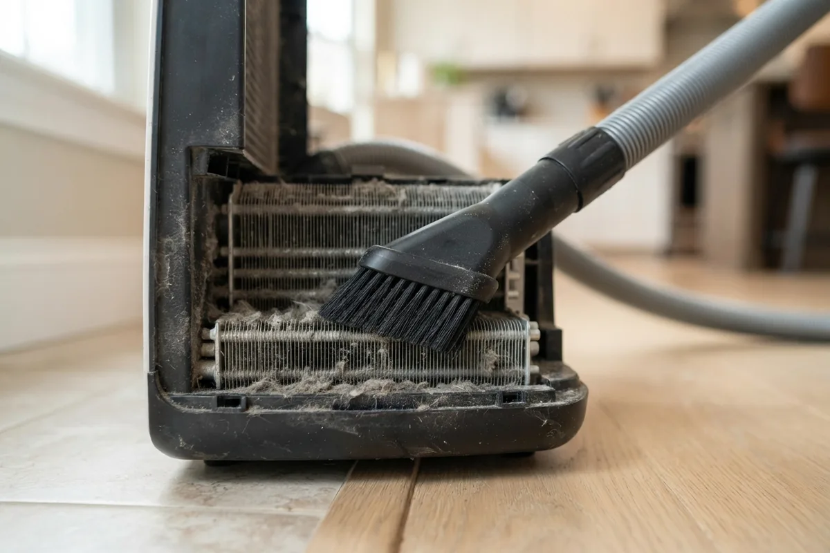 Vacuum brush clearing dust from appliance condenser coils during a home maintenance inspection.
