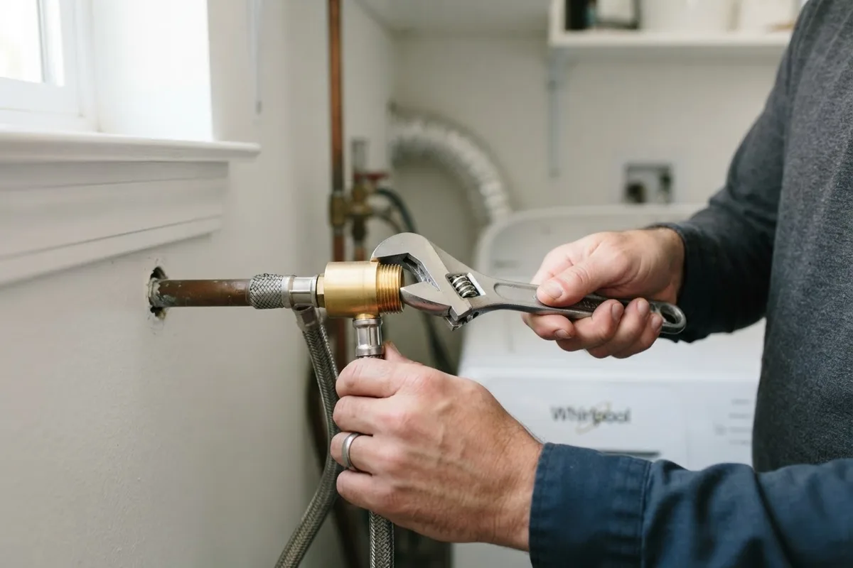 Hands installing a brass water hammer arrestor on a laundry supply line using an appliance noise guide checklist.