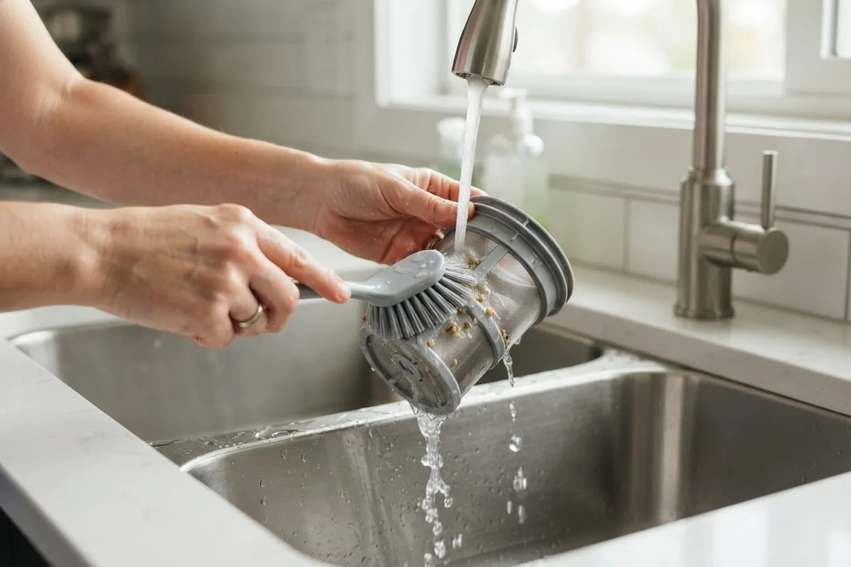 Hands cleaning a dishwasher filter under warm water as part of autumn appliance care steps