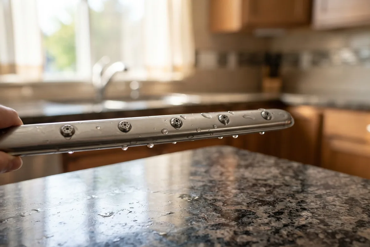 A homeowner inspecting a clean dishwasher spray arm to avoid common appliance care mistakes.
