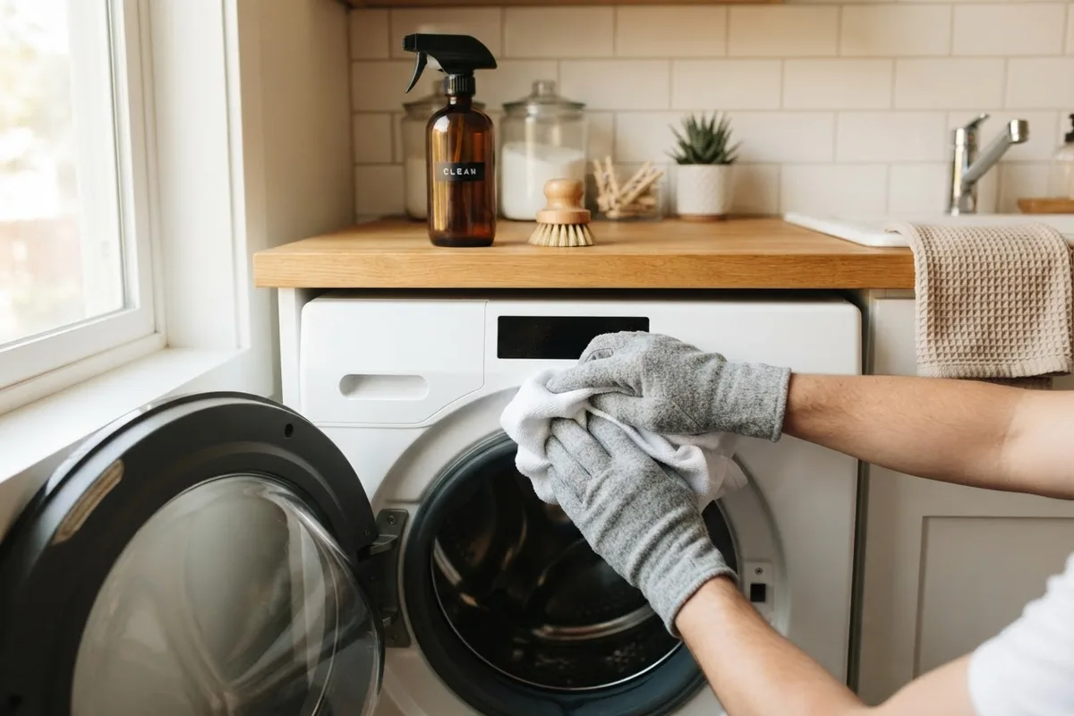 Homeowner wiping washer gasket with microfiber cloth to deep clean home appliances naturally