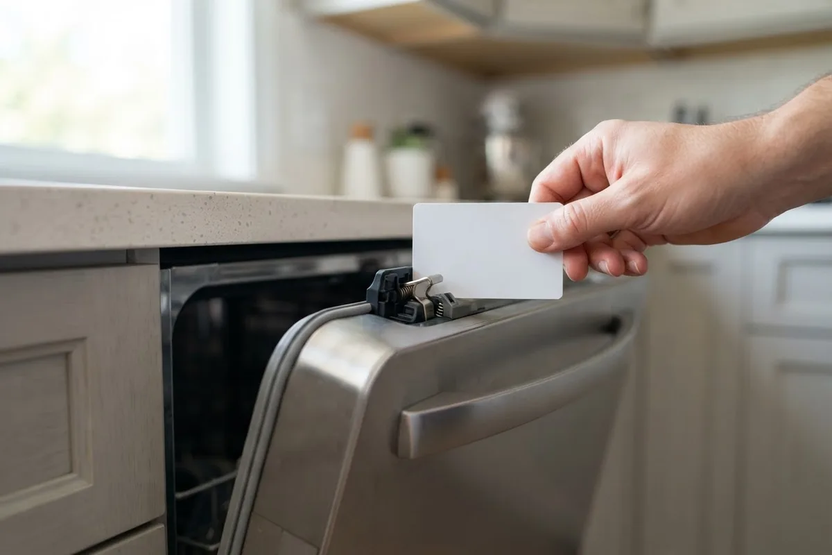 Close-up of a person using a plastic card to inspect a latch when a dishwasher door won't open safely.