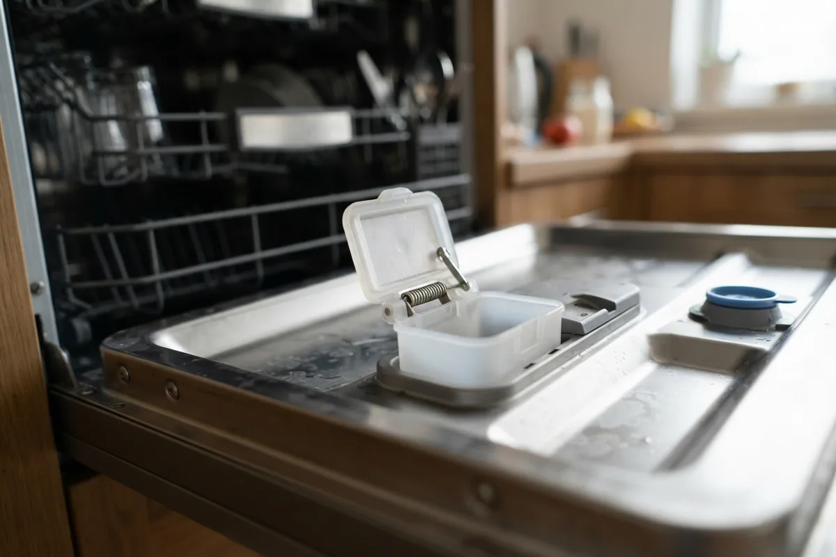 Close-up of a dishwasher soap dispenser door and latch mechanism on an open dishwasher door panel.