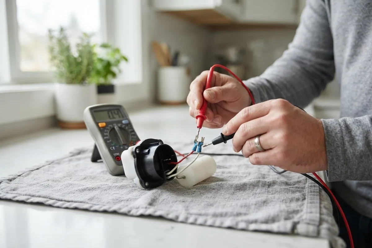 Testing the electrical contacts on a dishwasher float switch to fix a dishwasher won't turn off problem.