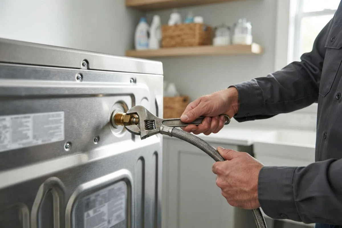 Inspecting and tightening braided stainless steel washing machine water supply hoses during DIY appliance maintenance.