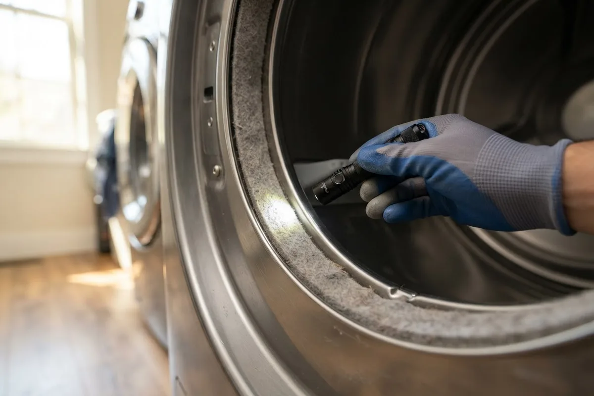 Close-up inspecting a clothes dryer drum felt seal for wear and dark black mark causes.