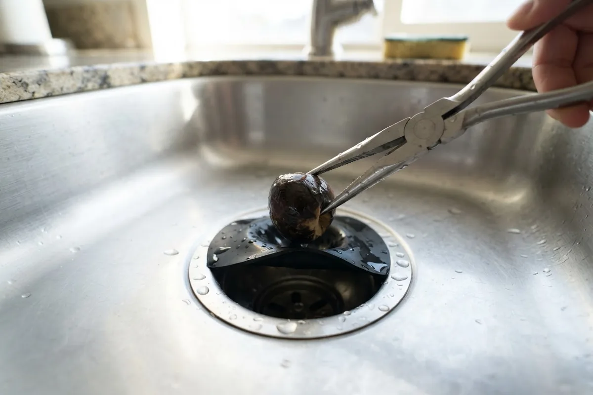 Pliers removing a lodged blockage from a jammed garbage disposal to restore sink drainage.
