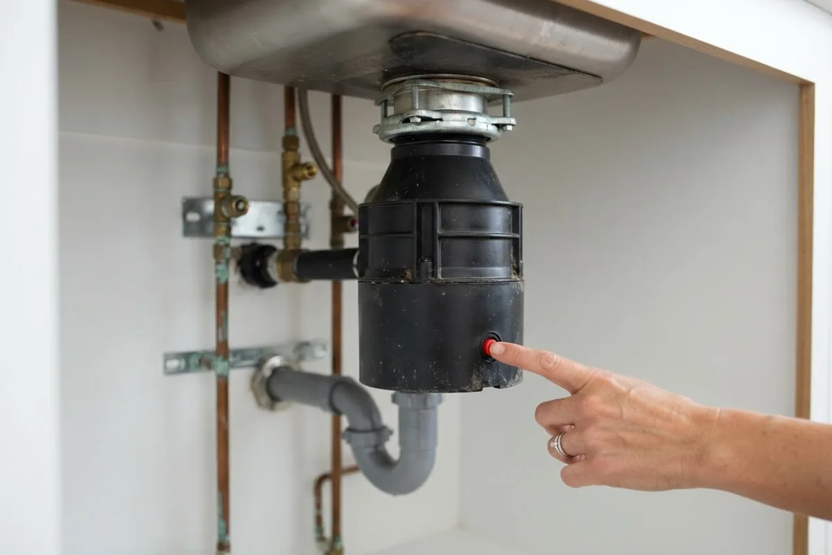 Close-up of a homeowner pressing the red reset button on the bottom of a garbage disposal tripping after a jam.