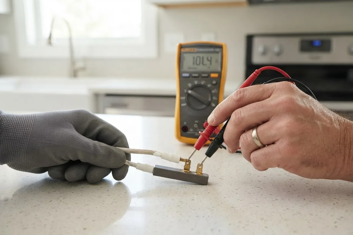 Testing gas oven igniter electrical resistance with a digital multimeter to fix an oven not lighting