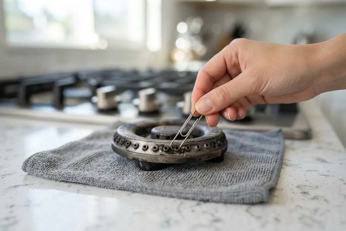 Clearing clogged burner ports with a paperclip to fix a gas stove burner flame uneven problem.
