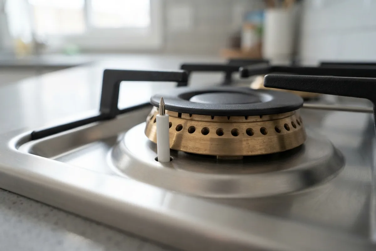 Close-up of a clean gas stove burner head and white ceramic spark igniter on a stainless steel cooktop.