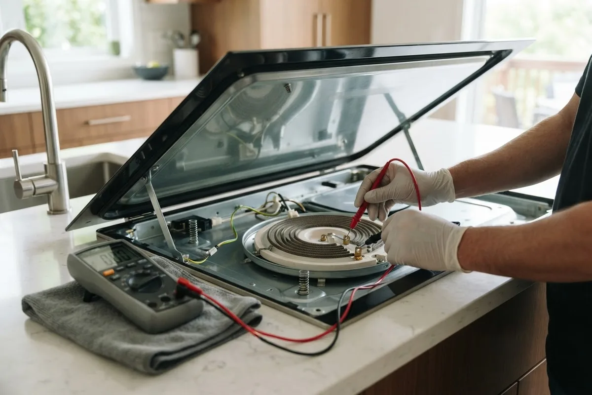 Multimeter testing terminal connections on a radiant burner element for a glass cooktop not heating.