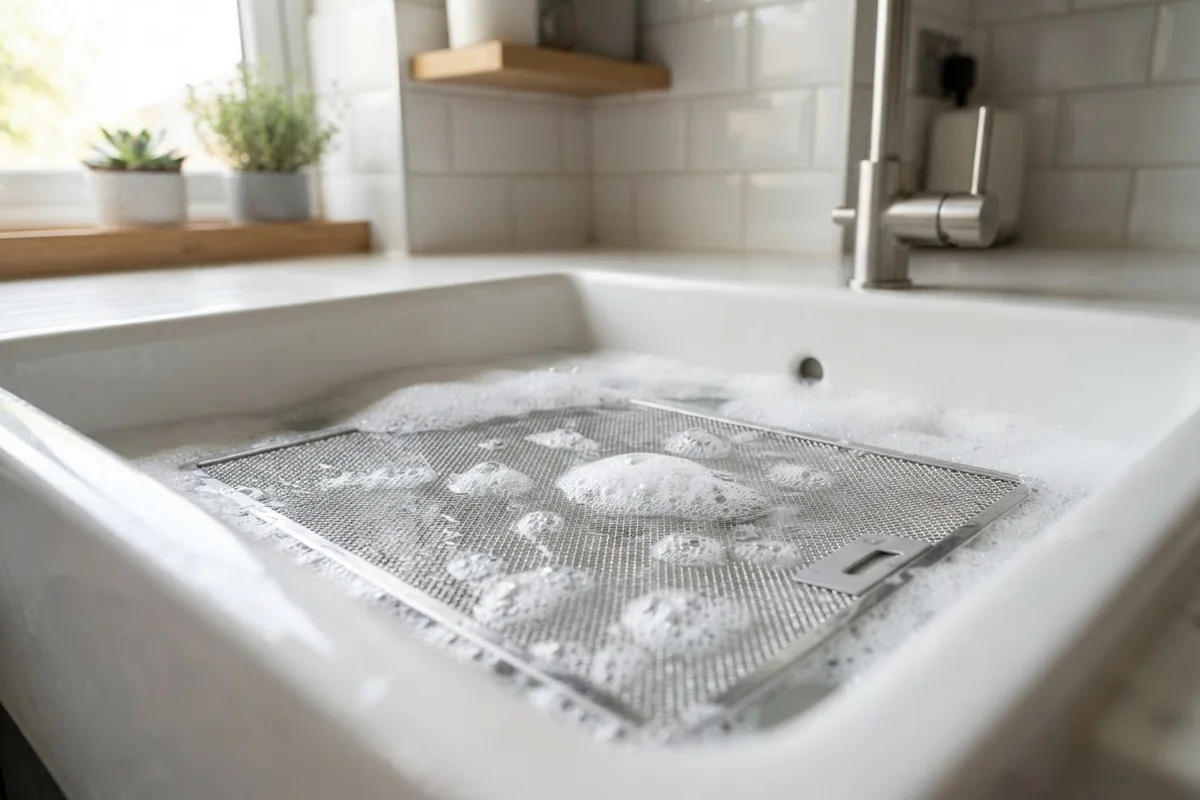 Close-up of a kitchen range hood appliance filter soaking in warm soapy water for deep cleaning.