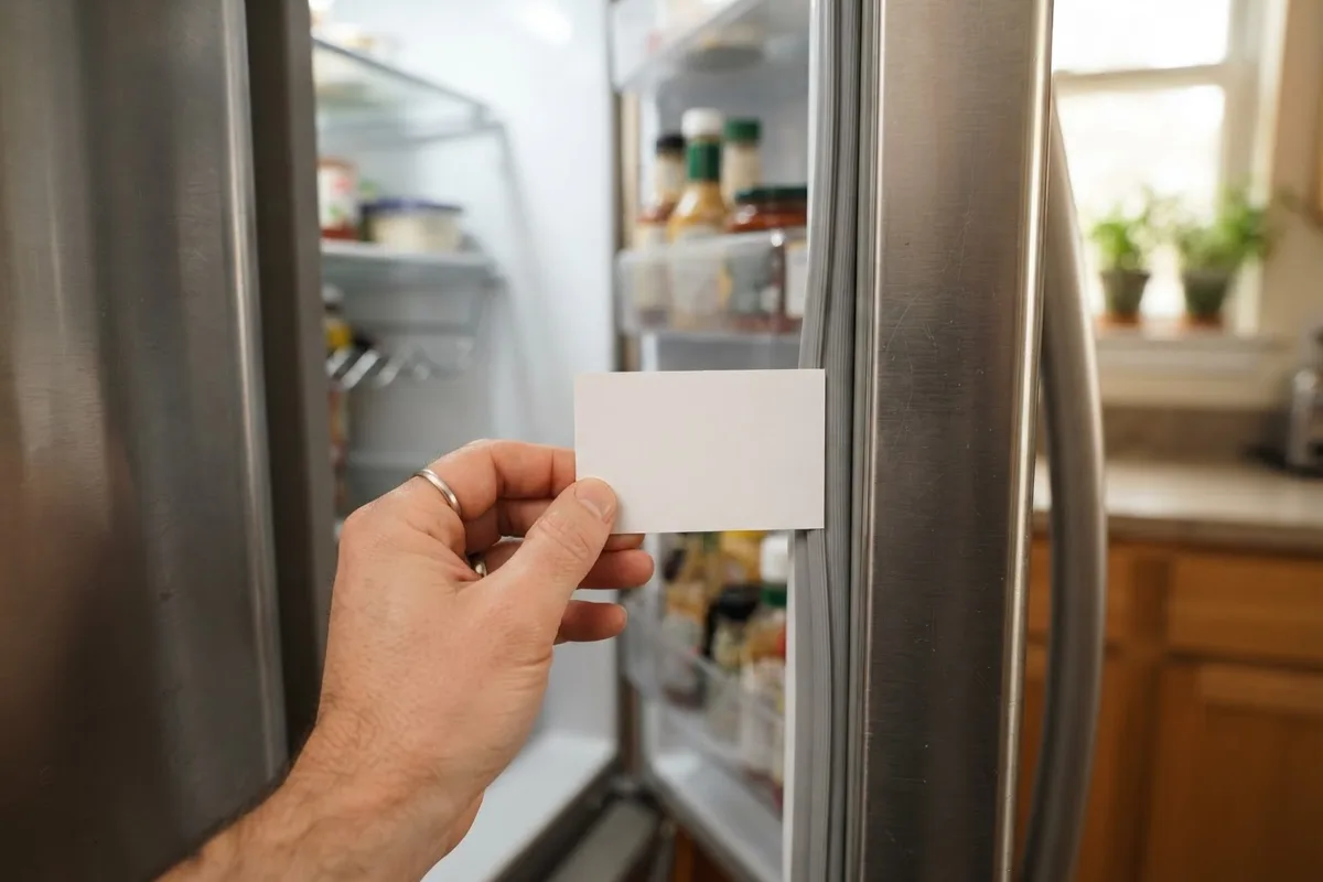 Checking the rubber door seal on a kitchen refrigerator as part of a pre-holiday appliance checklist.