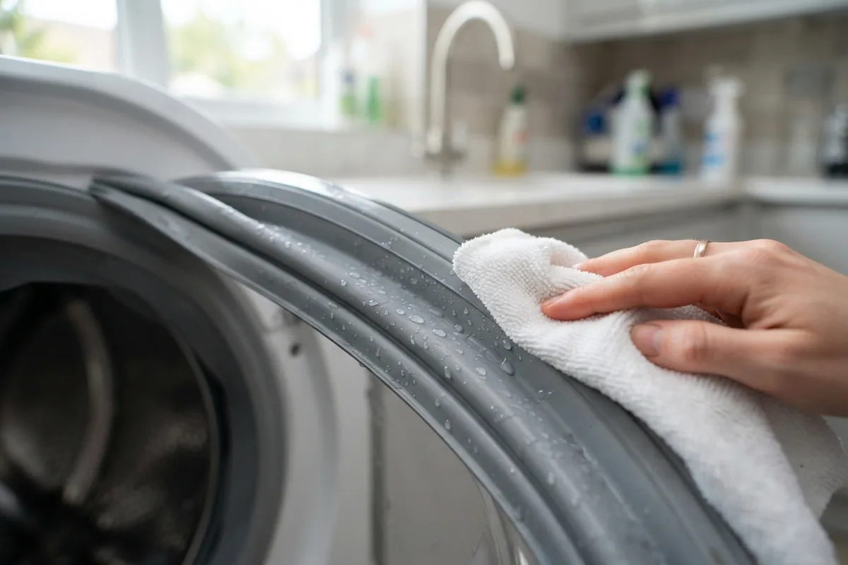 Hand wiping clean rubber seal gasket on a household appliance with a microfiber cloth for home appliance maintenance.