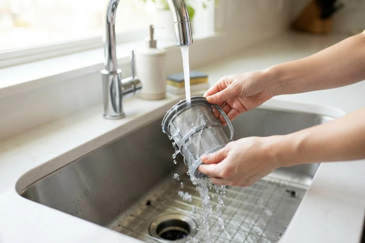 Hands cleaning a mesh appliance filter under running tap water during essential home appliance tune-up steps.