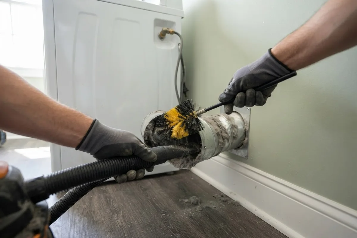 Hands using a flexible rotary brush and vacuum to clean a dryer vent duct behind a clothes dryer.