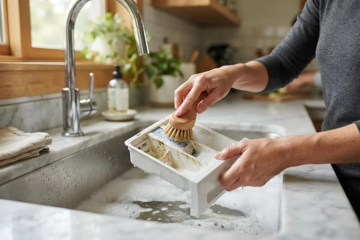 Scrubbing the detergent drawer to clean a front-load washing machine in warm soapy water