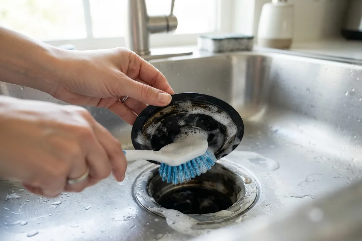 A hand scrubbing the rubber splash guard under a sink drain as part of how to clean a garbage disposal.