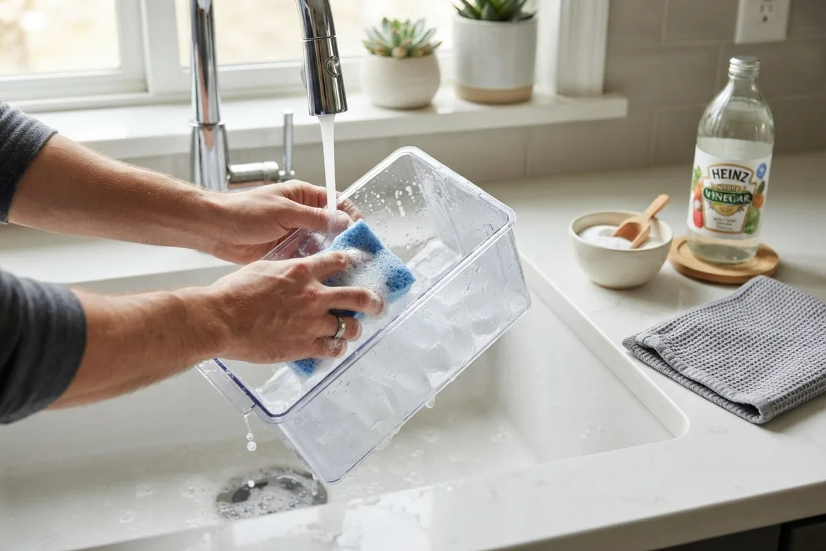 Homeowner washing a removable bin while learning how to clean a refrigerator ice maker in a kitchen sink