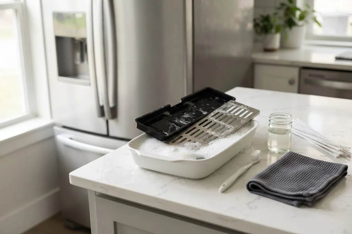 Supplies for how to clean a refrigerator water dispenser including vinegar, a pipe cleaner, and a soaking drip tray