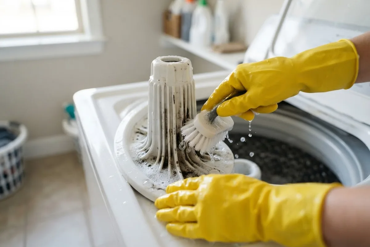 Scrubbing the center agitator while learning how to clean a top-load washing machine