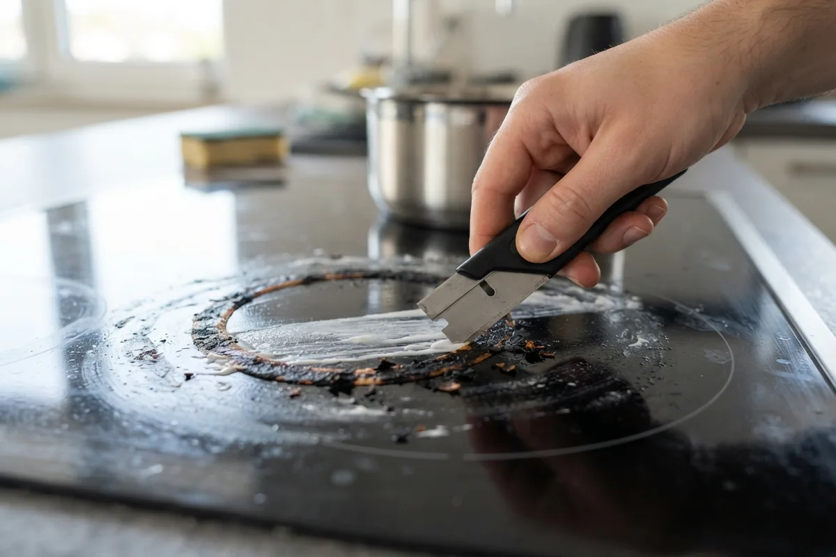 Close-up of a safety razor scraper tool removing burnt-on food residue from a smooth glass stove top surface.