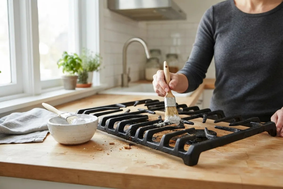 Applying baking soda paste with a brush to clean cast iron stove grates