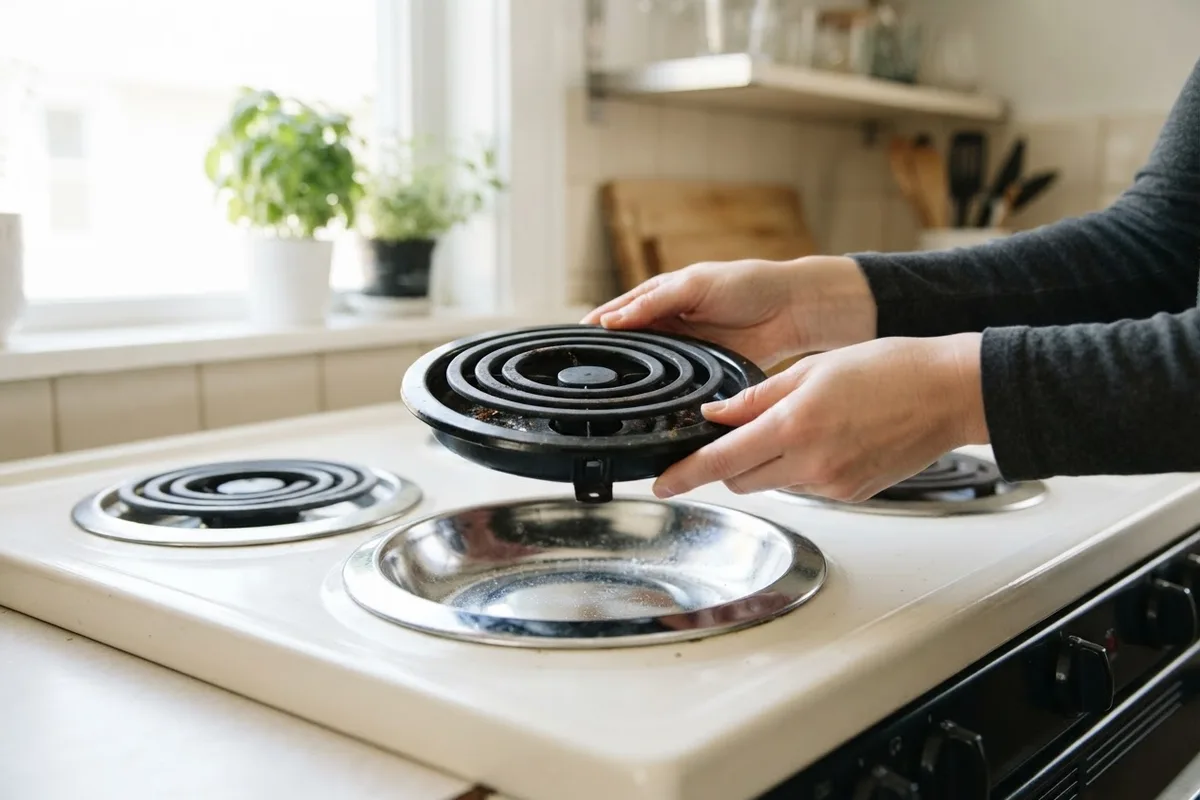 Homeowner removing a coil burner to clean electric stove drip pans