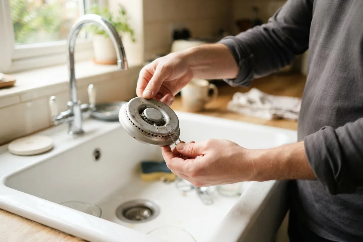 Homeowner showing how to clean gas stove burners by clearing clogged flame ports with a straightened paperclip
