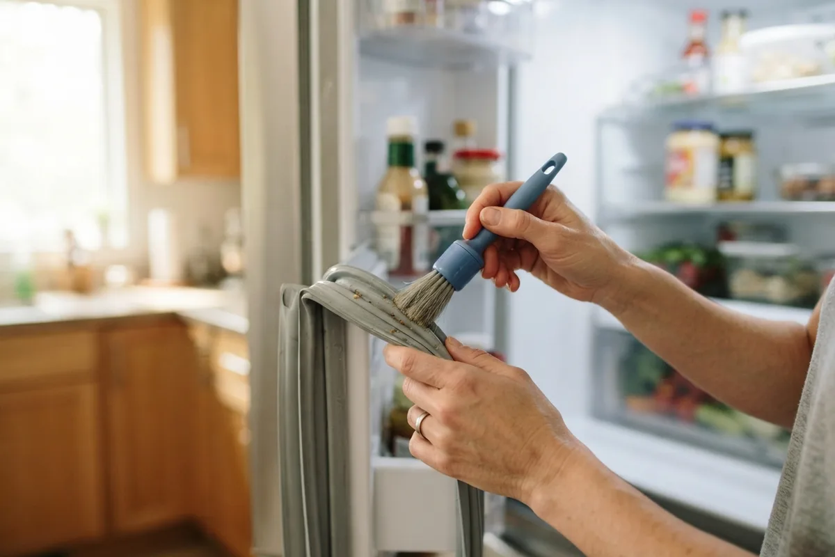Hands using a small brush to deep clean a refrigerator door gasket and shelf tracks.