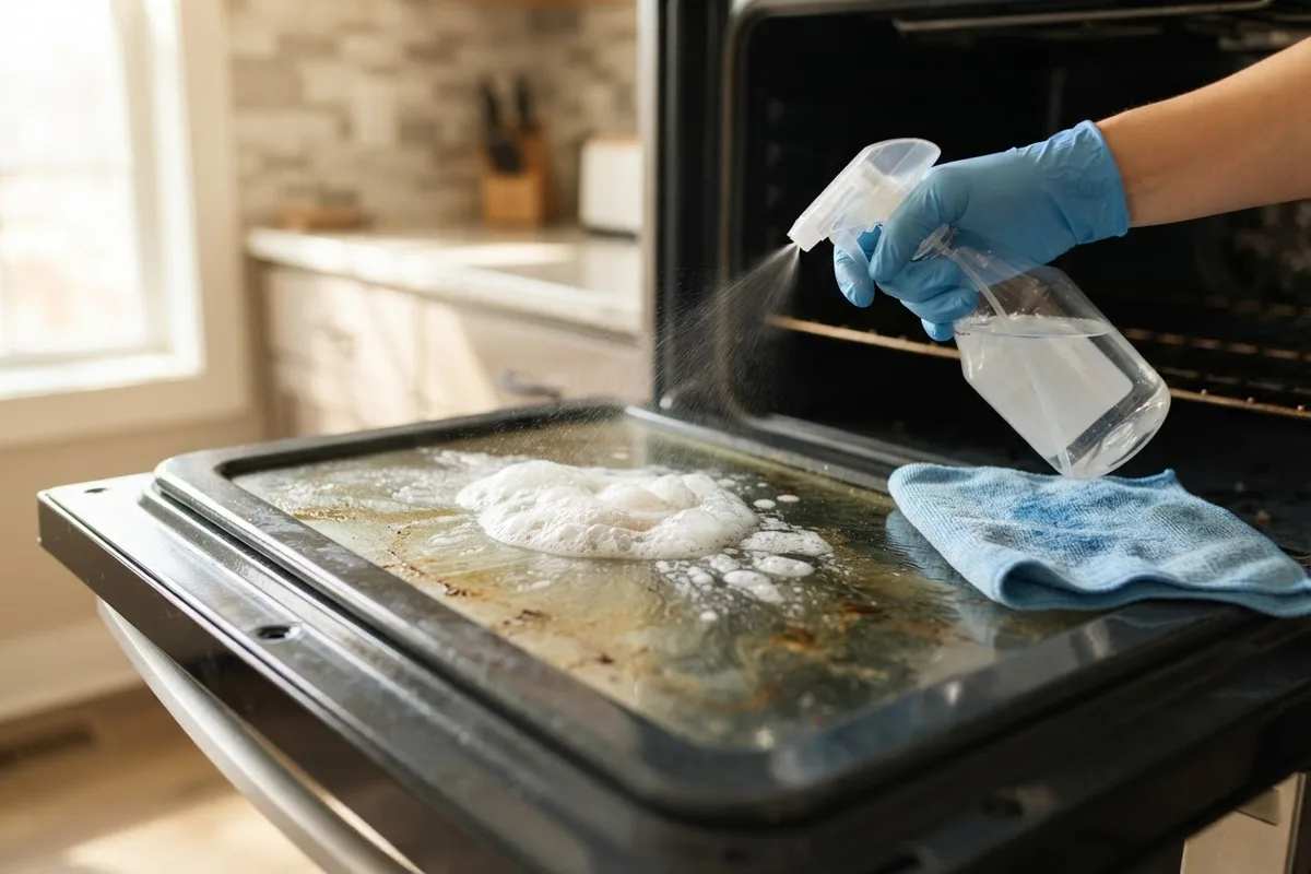 Spraying vinegar on baking soda paste to deep clean an oven without using the self-clean cycle