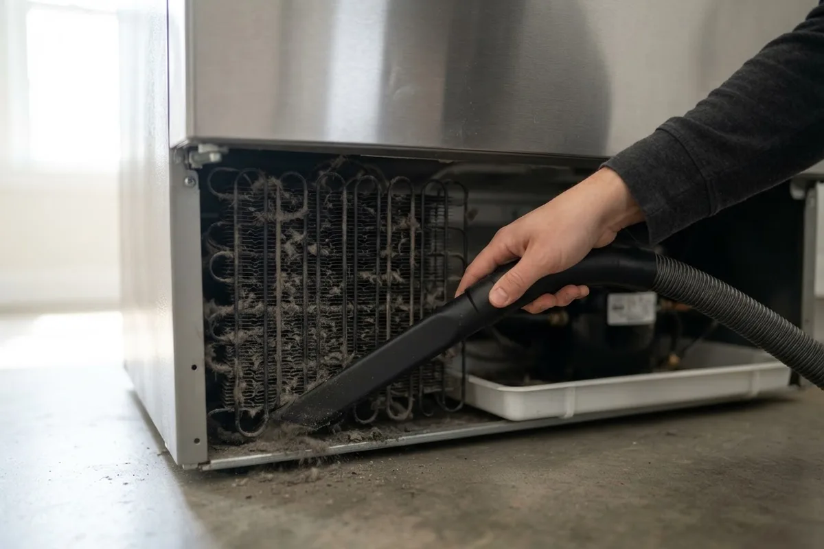Cleaning refrigerator condenser coils with a vacuum attachment to extend appliance lifespan