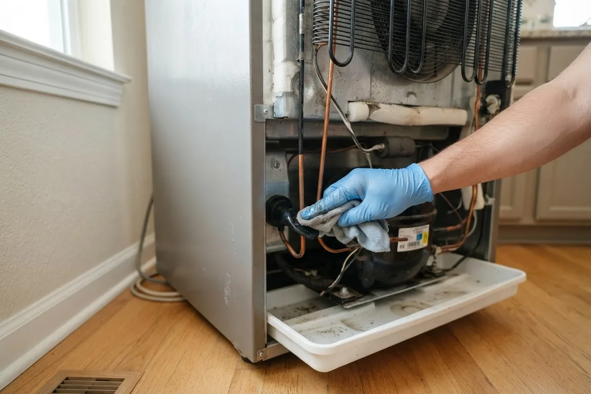 A close-up of cleaning a rubber duckbill valve on the back of a fridge to unclog a refrigerator defrost drain.