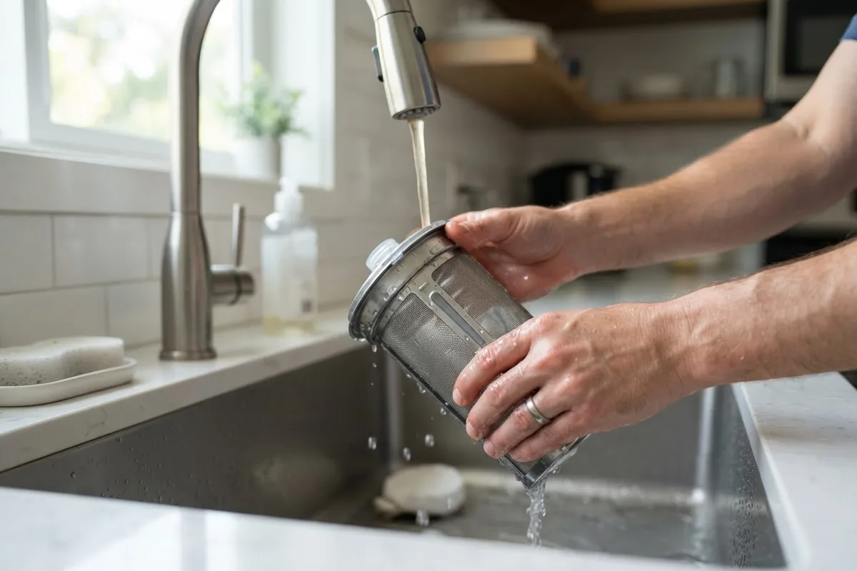 Close-up of a homeowner cleaning a stainless steel dishwasher mesh filter under running water for monthly appliance maintenance.