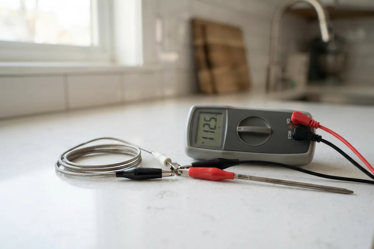Testing an oven temperature sensor probe with a digital multimeter for an oven self-clean not working fix