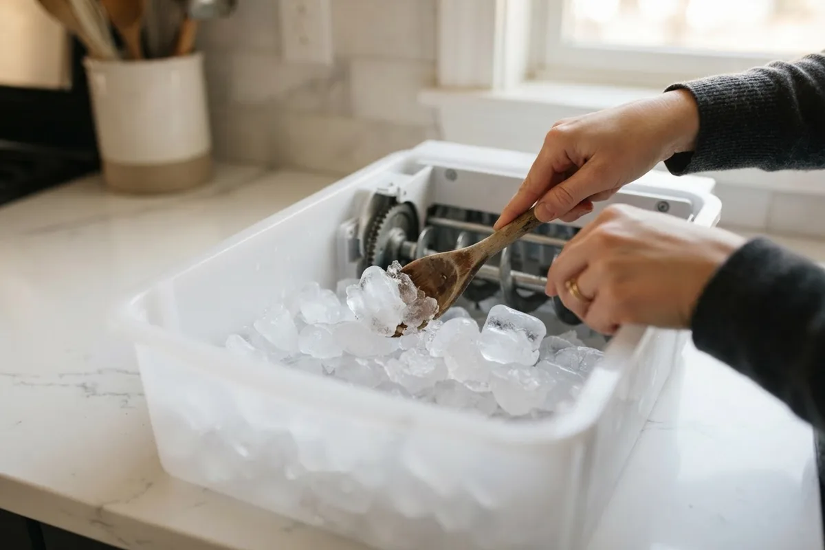 Clearing clumped ice cubes in the bucket to fix a refrigerator ice dispenser jammed from frost buildup.