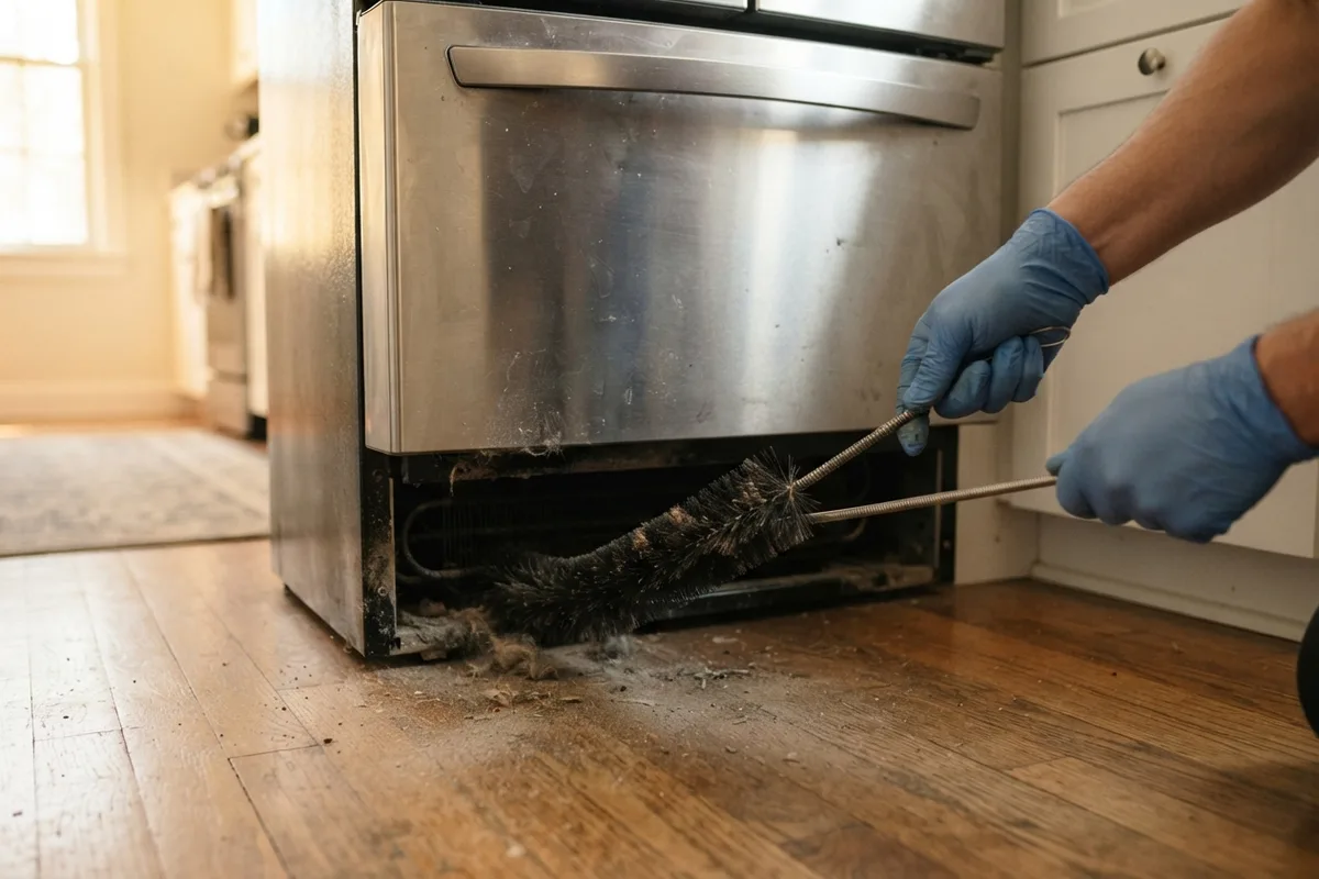 Cleaning dirty refrigerator condenser coils with a long coil brush to fix temperature fluctuating issues.