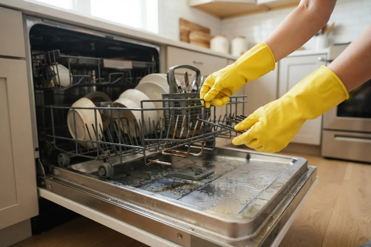 Homeowner inspecting a dishwasher rack to decide whether to repair or replace dishwasher
