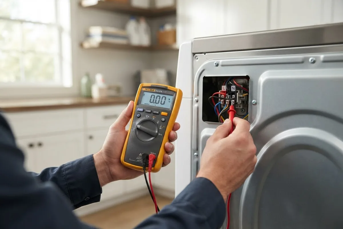 Close-up of homeowner inspecting internal wiring to evaluate whether to repair vs replace appliances.