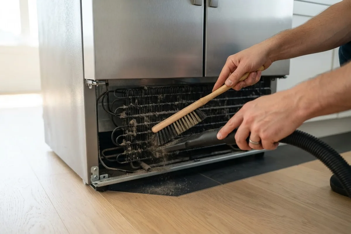 Homeowner cleaning dusty condenser coils to prevent common signs your refrigerator is dying
