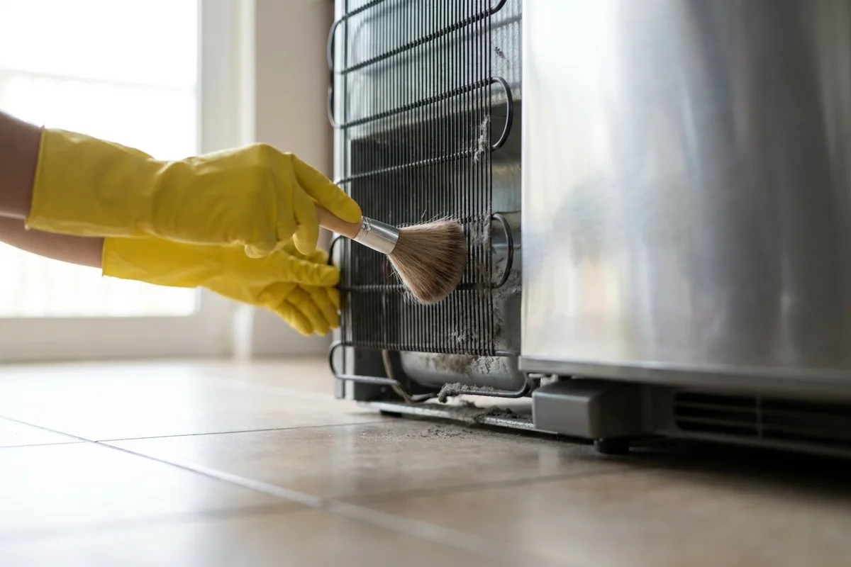 Hand cleaning dust from refrigerator condenser coils to prevent overheating and appliance failure