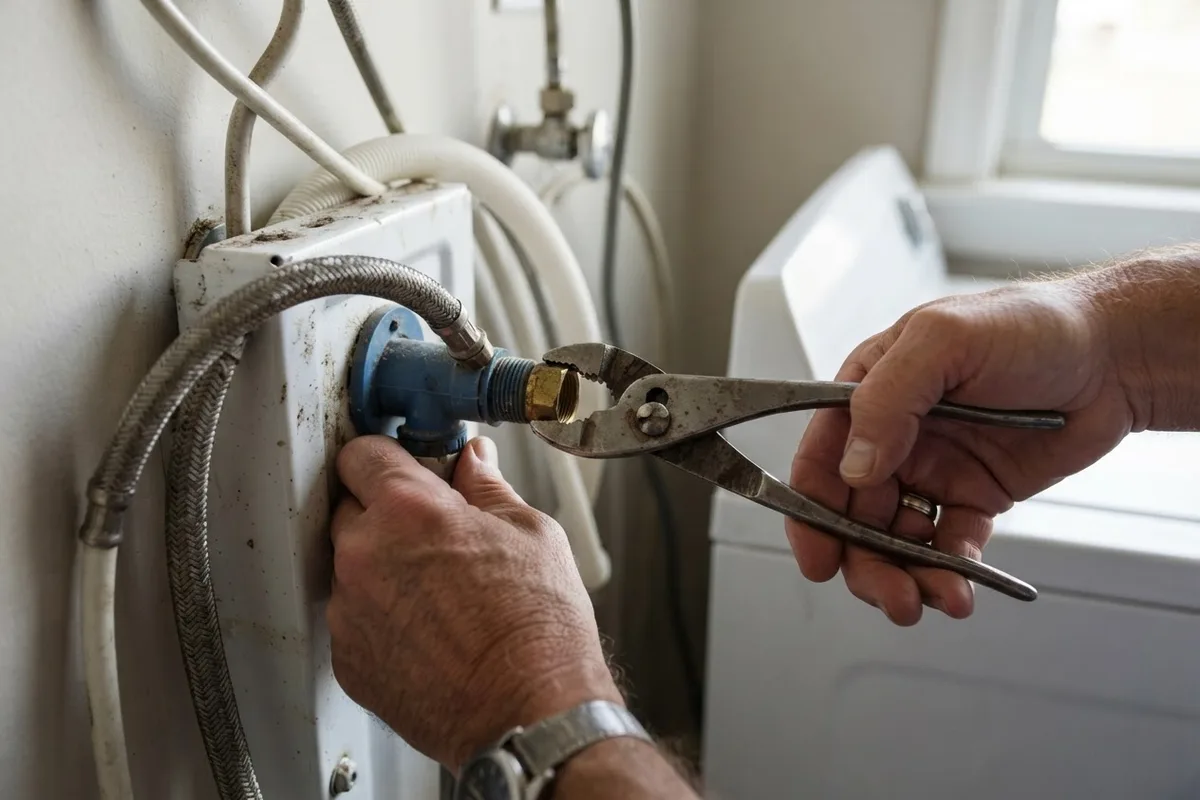 Hands disconnecting water supply hose to fix a washer filling with water when off.